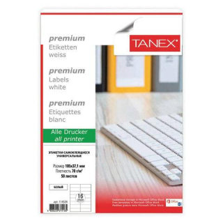 Этикетка самоклеящаяся 105х37,1 мм, 16 этикеток, белая, 70 г/м2, 50 листов, TANEX 114534, TW-2105