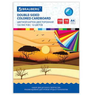 Картон цветной А4 ТОНИРОВАННЫЙ В МАССЕ, 160л. 16цв., 180г/м2, BRAUBERG 115090