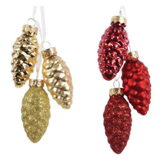 MAGIC TIME Украшение елочное подвесное из стекла, Шишки 3 шт 2,5х6х2,5 см, золото/красный в шоубоксе, 93967