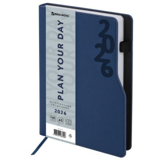 Ежедневник датированный 2026 А5 150x213мм BRAUBERG Up, под кожу софт-тач, держатель для ручки, синий, 117118