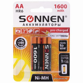 Батарейки аккумуляторные Ni-Mh пальчиковые КОМПЛЕКТ 2 шт., АА (HR6) 1600 mAh, SONNEN 454233