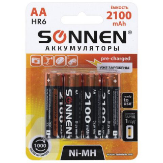 Батарейки аккумуляторные Ni-Mh пальчиковые КОМПЛЕКТ 4 шт., АА (HR6) 2100 mAh, SONNEN 455606