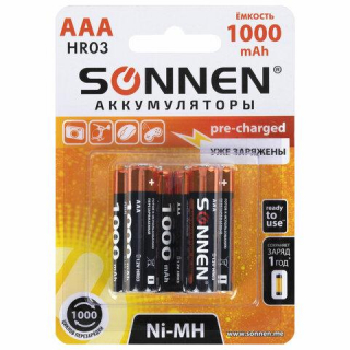 Батарейки аккумуляторные Ni-Mh мизинчиковые КОМПЛЕКТ 6 шт., AAA (HR03) 1000 mAh, SONNEN 455611