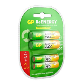 Батарейки аккумуляторные GP ReEnergy Ni-Mh НАБОР 8 шт. (ПРОМО 44), AAААА (HR6HR03), 2000 mAh 750 mAh, 210AAHC/75AAAHC