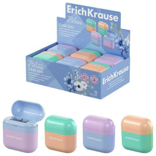 Точилка ERICH KRAUSE Case Duo Pastel Bloom, 2 отверстия, с контейнером, пластиковая, ассорти, 59989