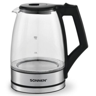 Чайник электрический SONNEN KT-1807, 1,8 л, 2200 Вт, термостойкое стекло, внутренняя подсветка синяя, нержавеющая сталь, 455140