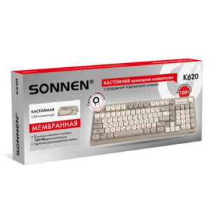 Клавиатура проводная USB, 10298 клавиш, LED-подсветка, SONNEN K620, слоновая кость/серая, 513950