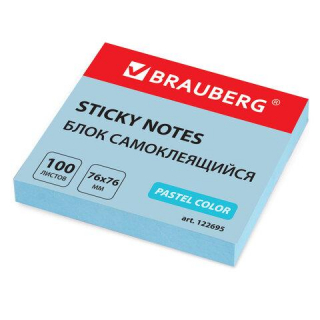 Блок самоклеящийся (стикеры) BRAUBERG ПАСТЕЛЬНЫЙ, 76х76 мм, 100 листов, голубой, 122695