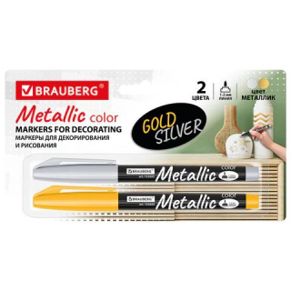 Маркеры для декорирования и рисования ЗОЛОТО и СЕРЕБРО, METALLIC MARKER, линия письма 1-2 мм, BRAUBERG 152655