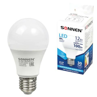 Лампа светодиодная SONNEN 12 (100) Вт, цоколь Е27, груша, нейтральный белый свет, 30000 ч, LED A60-12W-4000-E27, 453698