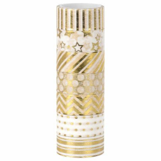 Клейкие WASHI-ленты для декора с фольгой ЗОЛОТИСТЫЕ, 15 мм х 3 м, 7 шт., рисовая бумага, ОСТРОВ СОКРОВИЩ 661712