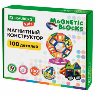 Магнитный конструктор MAGNETIC BLOCKS, 100 деталей, 2 колесные базы, карусель, BRAUBERG KIDS 665720