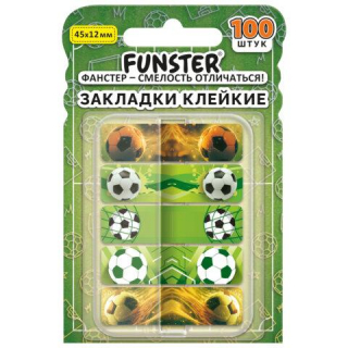 Закладки клейкие Z-сложения FUNSTER (ФАНСТЕР) Футбол, 45х12 мм, 100 шт., (5 цветов х 20 листов), в диспенсере, 116698