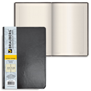 Бизнес-блокнот BRAUBERG А4, 200х252 мм, "Income", гладкий кожзаменитель, клетка, 128 л., черный, 125204