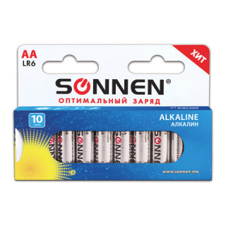 Батарейки SONNEN AA (LR6), комплект 10 шт., АЛКАЛИНОВЫЕ, в блистере, 1,5 В, 451086