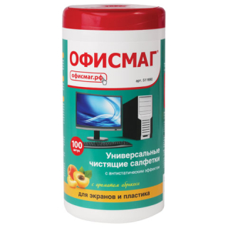 Чистящие салфетки ОФИСМАГ для экранов и пластика, универсальные, "Абрикос", в тубе 100 шт., влажные, 511690