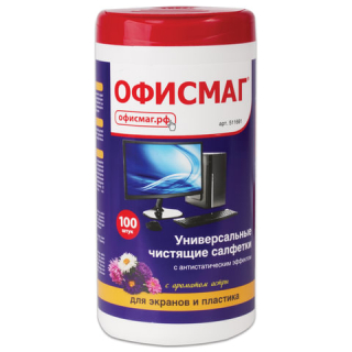 Чистящие салфетки ОФИСМАГ для экранов и пластика, универсальные, "Астра", в тубе 100 шт., влажные, 511691